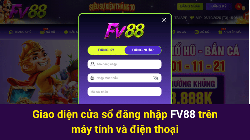Giao diện cửa sổ đăng nhập FV88 trên máy tính và điện thoại
