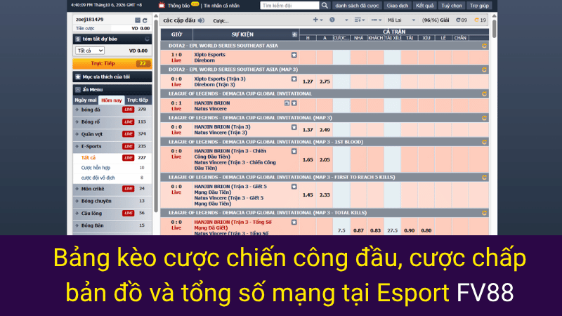 Bảng kèo cược chiến công đầu, cược chấp bản đồ và tổng số mạng tại Esport FV88