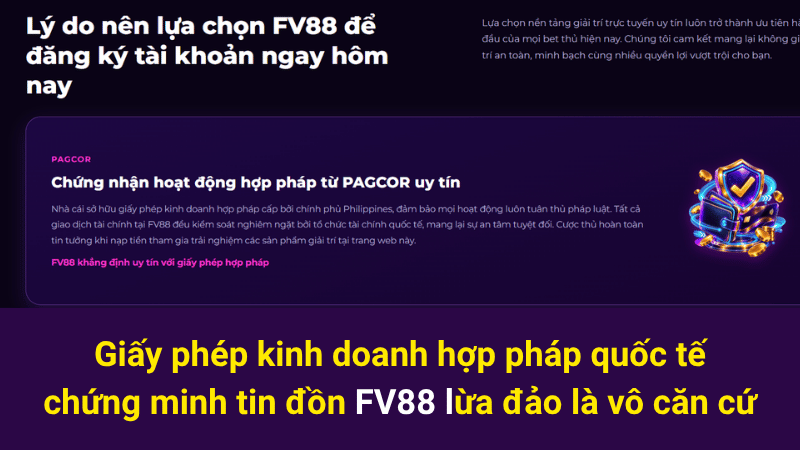 Giấy phép kinh doanh hợp pháp quốc tế chứng minh tin đồn FV88 lừa đảo là vô căn cứ
