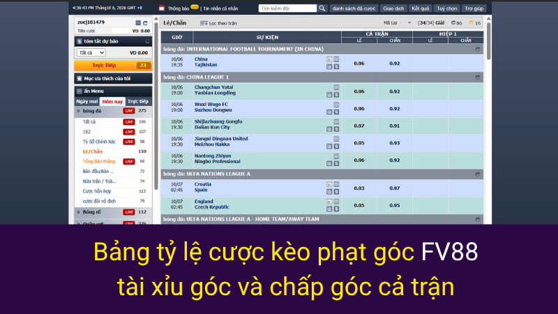 Bảng tỷ lệ cược kèo phạt góc FV88 tài xỉu góc và chấp góc cả trận