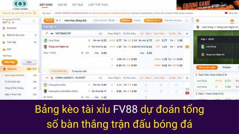 Bảng kèo tài xỉu FV88 dự đoán tổng số bàn thắng trận đấu bóng đá