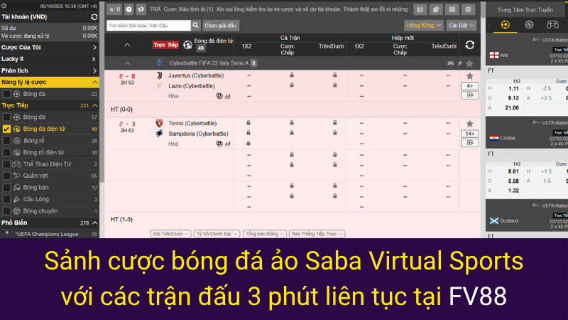 Sảnh cược bóng đá ảo Saba Virtual Sports với các trận đấu 3 phút liên tục tại FV88 